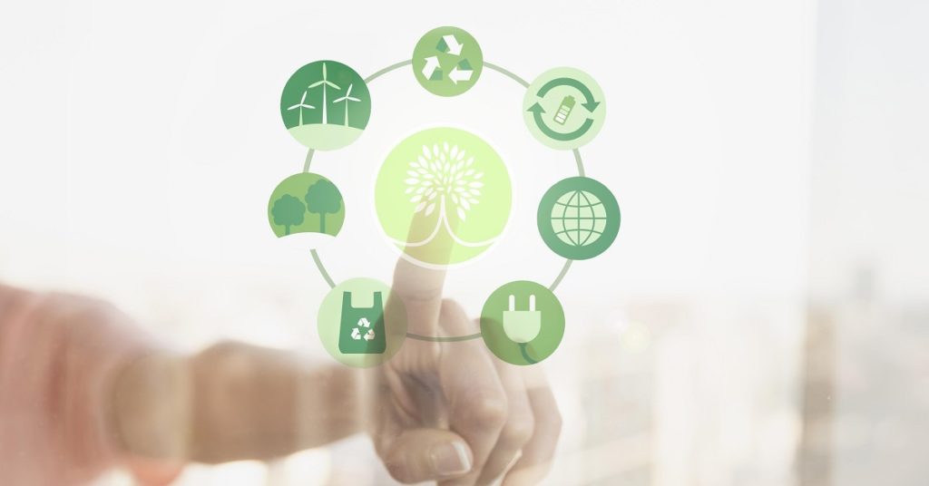 Esquema visual demonstrando princípios da economia circular, como a reciclagem e a venda de produtos sustentáveis