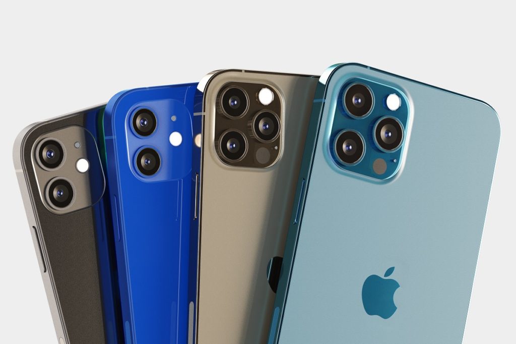 iPhone 12 Mini, iPhone 12, iPhone 12 Pro e iPhone 12 Pro Maz nas cores preto, azul, dourado e azul claro.