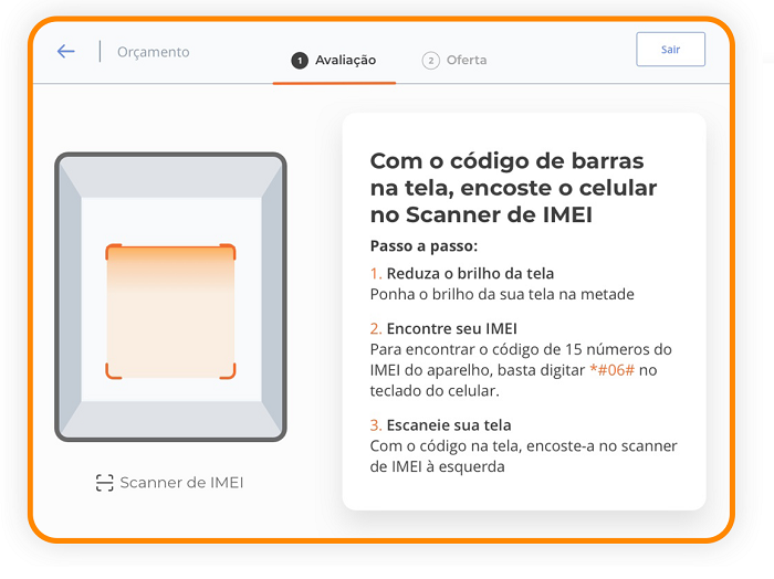 Print da tela da máquina de celular da Trocafone. Solicitação do IMEI do aparelho.