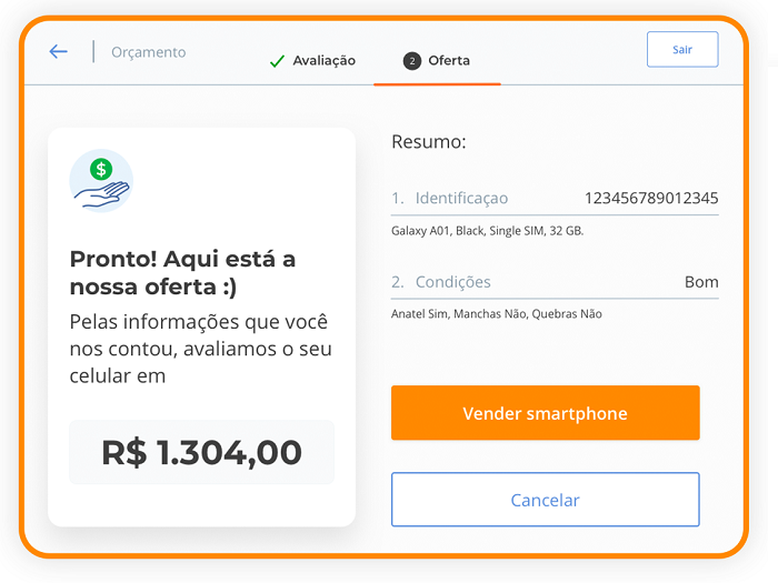 Print da tela da máquina de celular da Trocafone. Definição do orçamento.