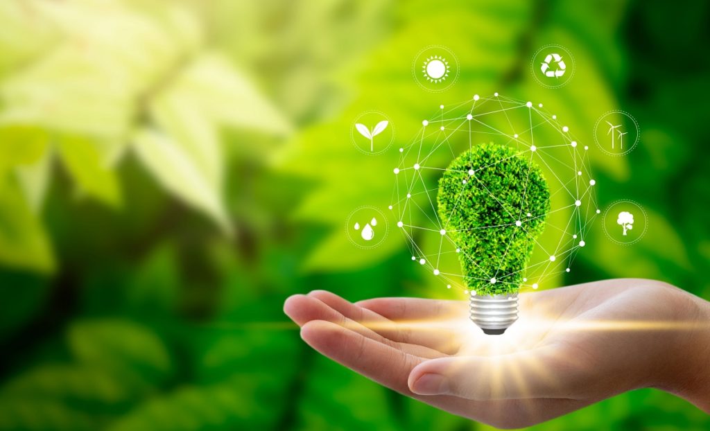 Mão segurando a lâmpada contra a natureza na folha verde com ícones fontes de energia para o desenvolvimento sustentável e renovável. Conceito de tecnologia, meio ambiente, ecologia