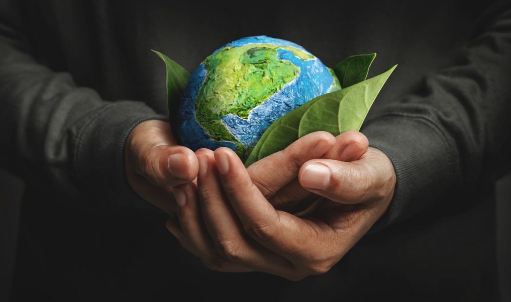 Mãos segurando uma representação do planeta Terra, envolto em uma folha de verdura, representando a sustentabilidade.