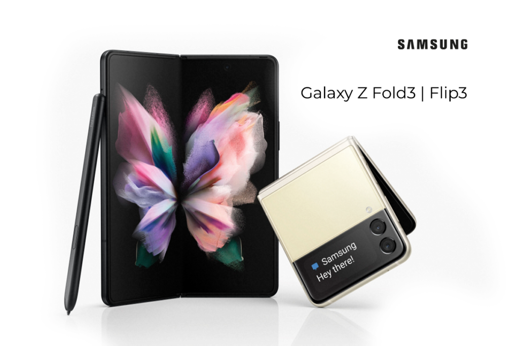 Dois smartphones na tela: um Galaxy Z Fold, à esquerda, e um Galaxy Z Flip, à direita.