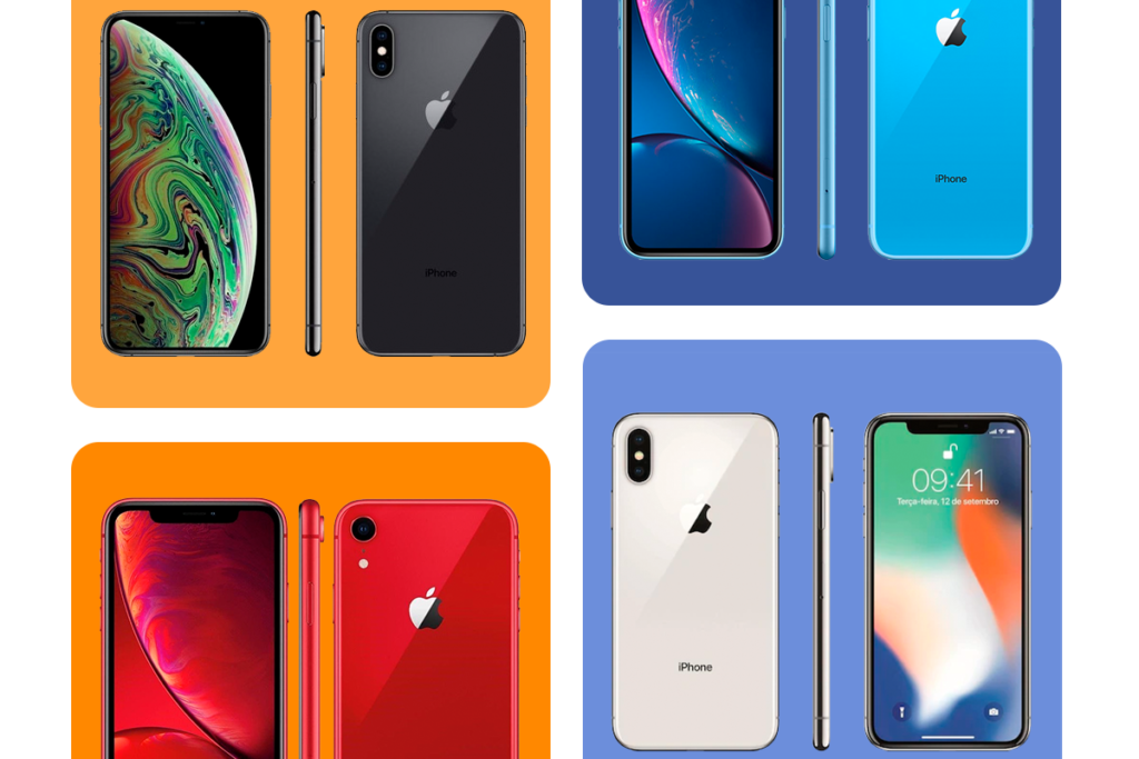 moisaico com todas as versões de iphone x, modelos frente e verso.