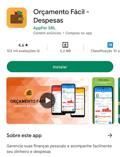 Printscreen do aplicativo Orçamento Fácil em celular Android.