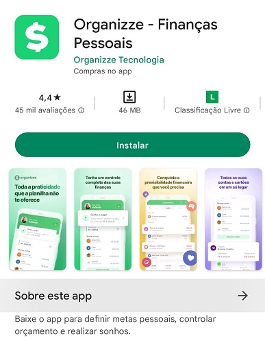 Printscreen do aplicativo Organizze em celular Android.