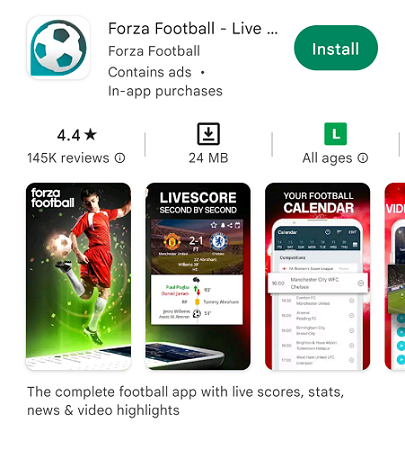 Captura de tela do aplicativo Forza Football em celular Android.
