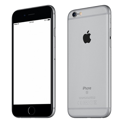 Vista frontal da maquete do iPhone 6S da Apple Grey espacial ligeiramente girada no sentido horário com tela branca e verso do smartphone da Apple. Isolado no branco.