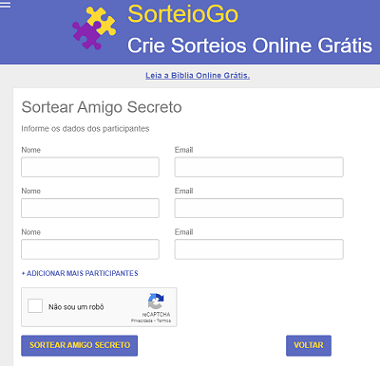 Print da tela inicial do site SorteioGo.