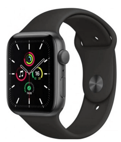 Apple Watch SE 44MM preto sob fundo branco.