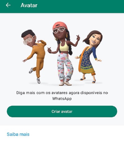 Printscreen da tela da aba "Avatar" no Whatsapp. Na imagem, sob fundo branco, aparecem três bonecos, com roupas coloridas. 