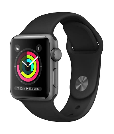 Apple Watch Series 3 38MM preto sob fundo branco. 