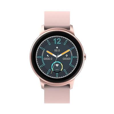 Smartwatch Viena com pulseira rose e visor preto em fundo branco.