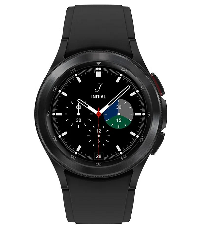 Galaxy Watch4 Classic LTE preto sob fundo branco.