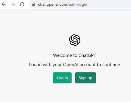 Printscreen da página de login no site oficial do OpenAI ChatGPT.