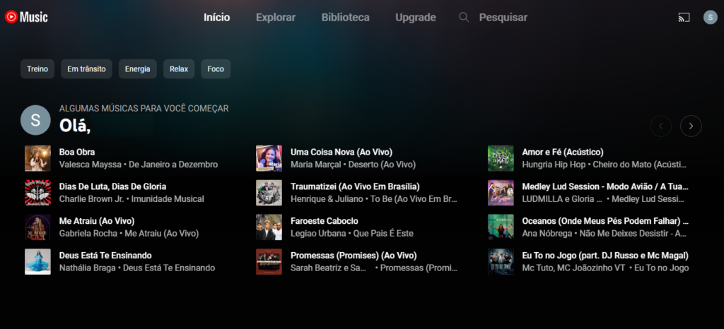 Printscreen da tela do site do Youtube Music em computador Windows.