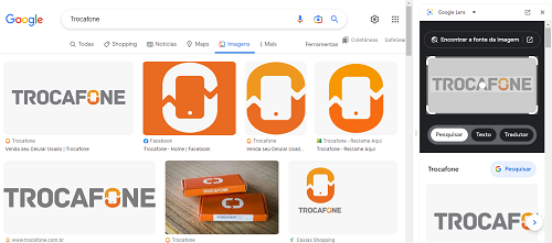 Printscreen da tela do Google Lens pelo Chrome do Windows com buscas pela palavra Trocafone.