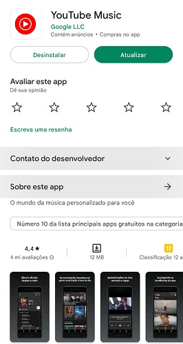 Printscreen da tela do aplicativo do Youtube Music em celular Android.