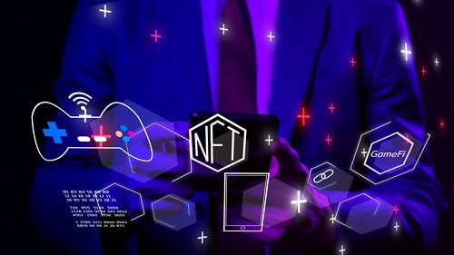 GameFi DeFi futurista NFT GameFi jogo de finanças descentralizado para ganhar jogo, tecnologia digital online. Empresário com ícone gráfico de celular ícone moderno jogo negócio ideia de investimento