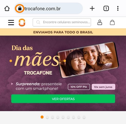 Prinscreen do site da Trocafone mostrando o cadeado antes da URL.
