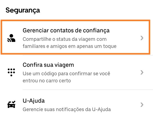 printscreen da tela da aba Gerenciar Contatos de Confiança no Uber