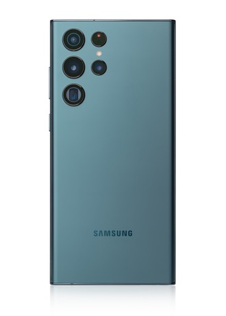 Samsung Galaxy S22 Ultra verde com fundo branco.