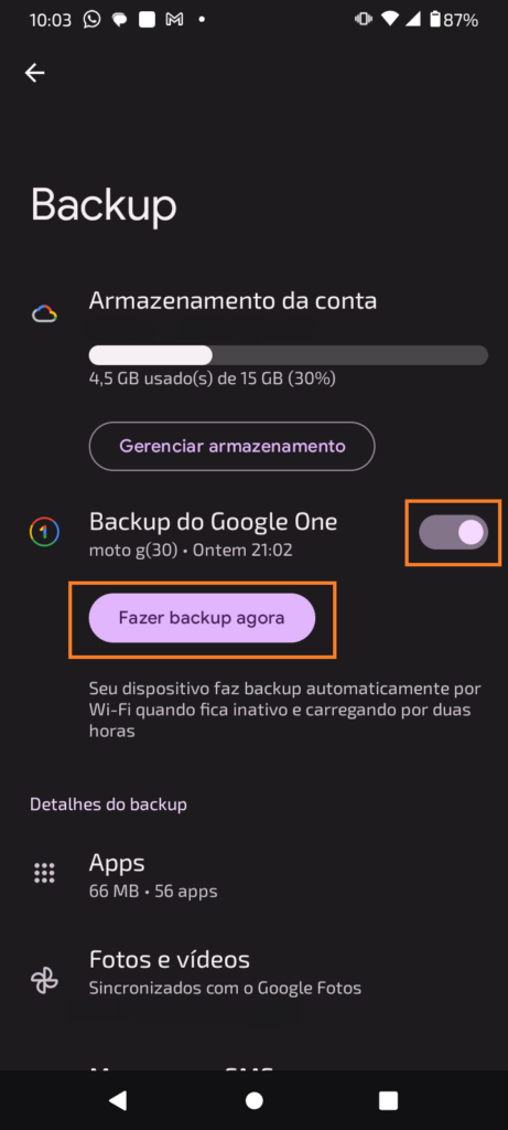 Imagem mostrando o passo a passo de como fazer backup no celular.