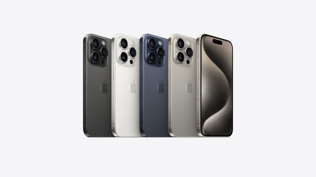 Imagem mostrando os aparelhos da linha iPhone 15