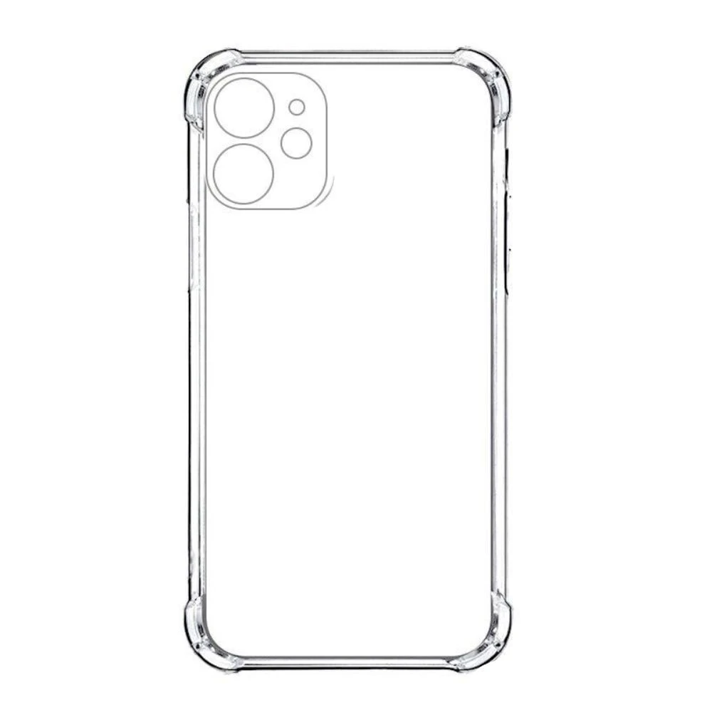 Capa transparente com bordas reforçadas para celular, destacada em fundo branco. Solução entre os melhores gadgets para celular para proteção contra impactos e arranhões.