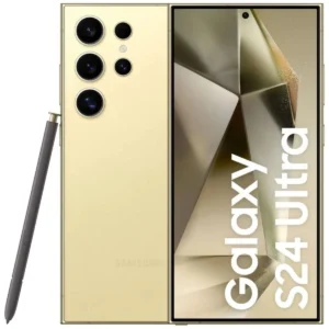 Imagem do Samsung Galaxy S24 Ultra, smartphone premium com design elegante, câmera avançada de múltiplos lentes, tela grande e painel de alta qualidade. Texto sobre samsung ou motorola