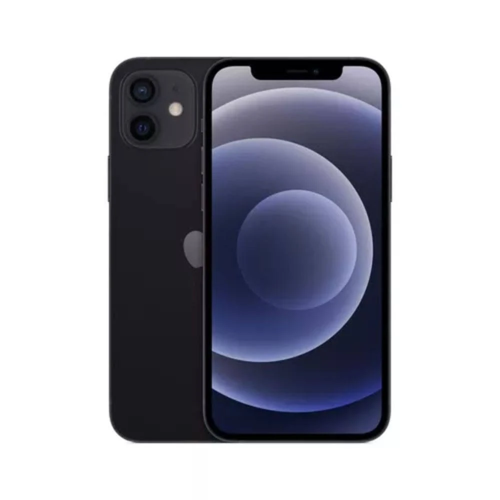 Celular Dia das Mães com tela escura e design moderno, exibindo aplicativo com círculos em azul e acabamento preto traseiro e frontal em fundo branco.