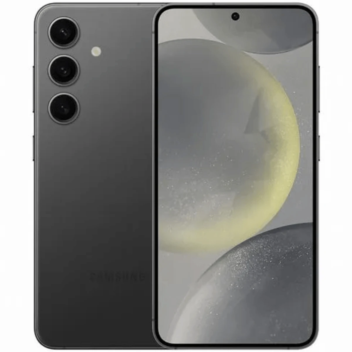 Celular moderno em cor preta com três câmeras na parte traseira e tela frontal exibindo fundo abstrato, ideal para promoção de celular dia das mães.