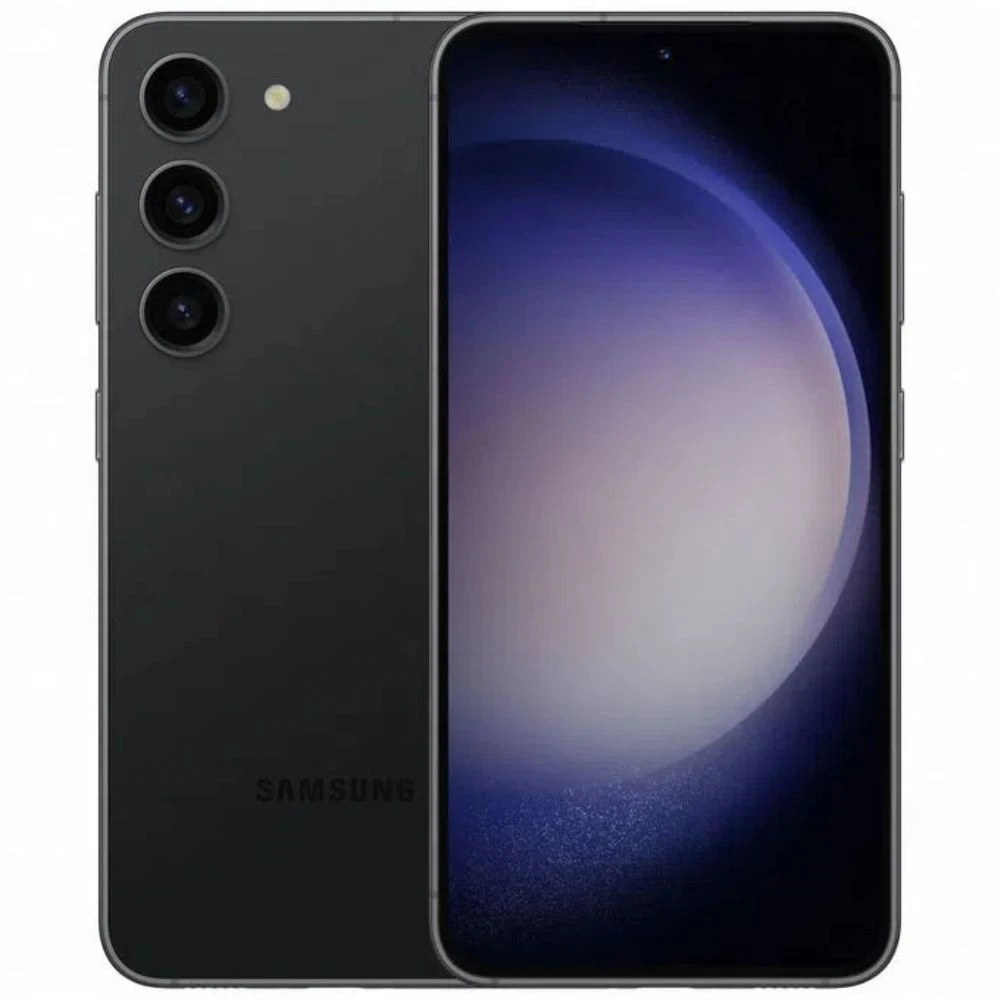 Imagem frontal e traseira de um smartphone Samsung na cor preta, com três câmeras traseiras alinhadas e tela com fundo abstrato azul e roxo. Foto de produto em fundo branco.