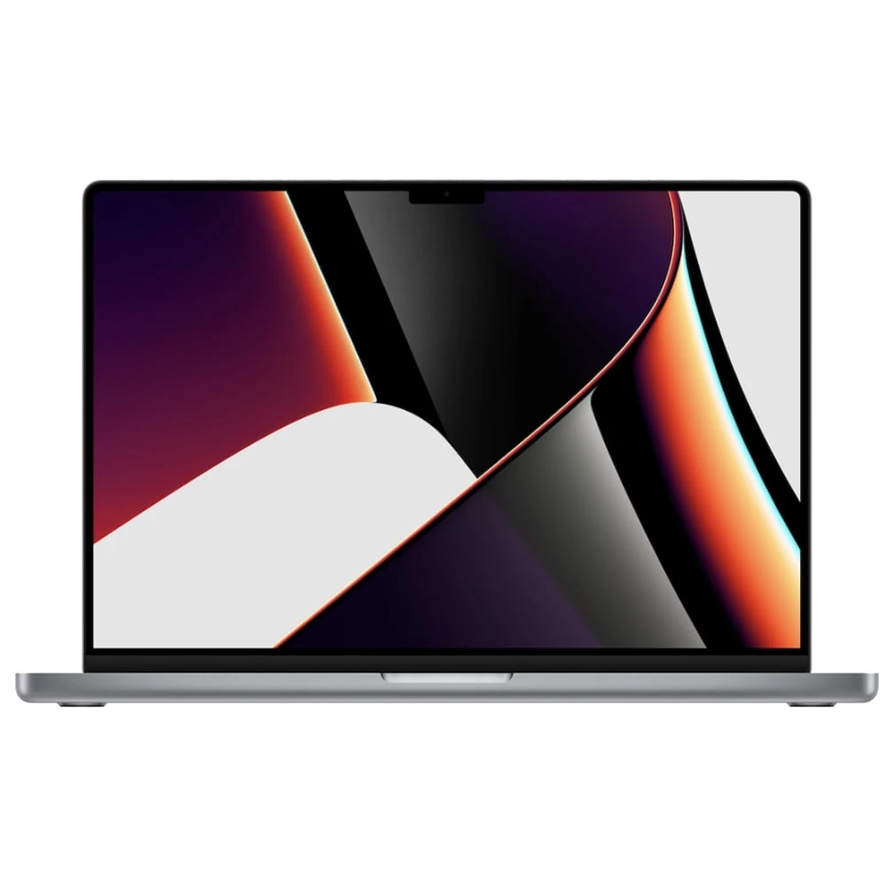 Laptop com tela exibindo arte abstrata em tons de roxo, laranja e preto, com formas geométricas e bordas arredondadas no display, visual moderno e limpo.
