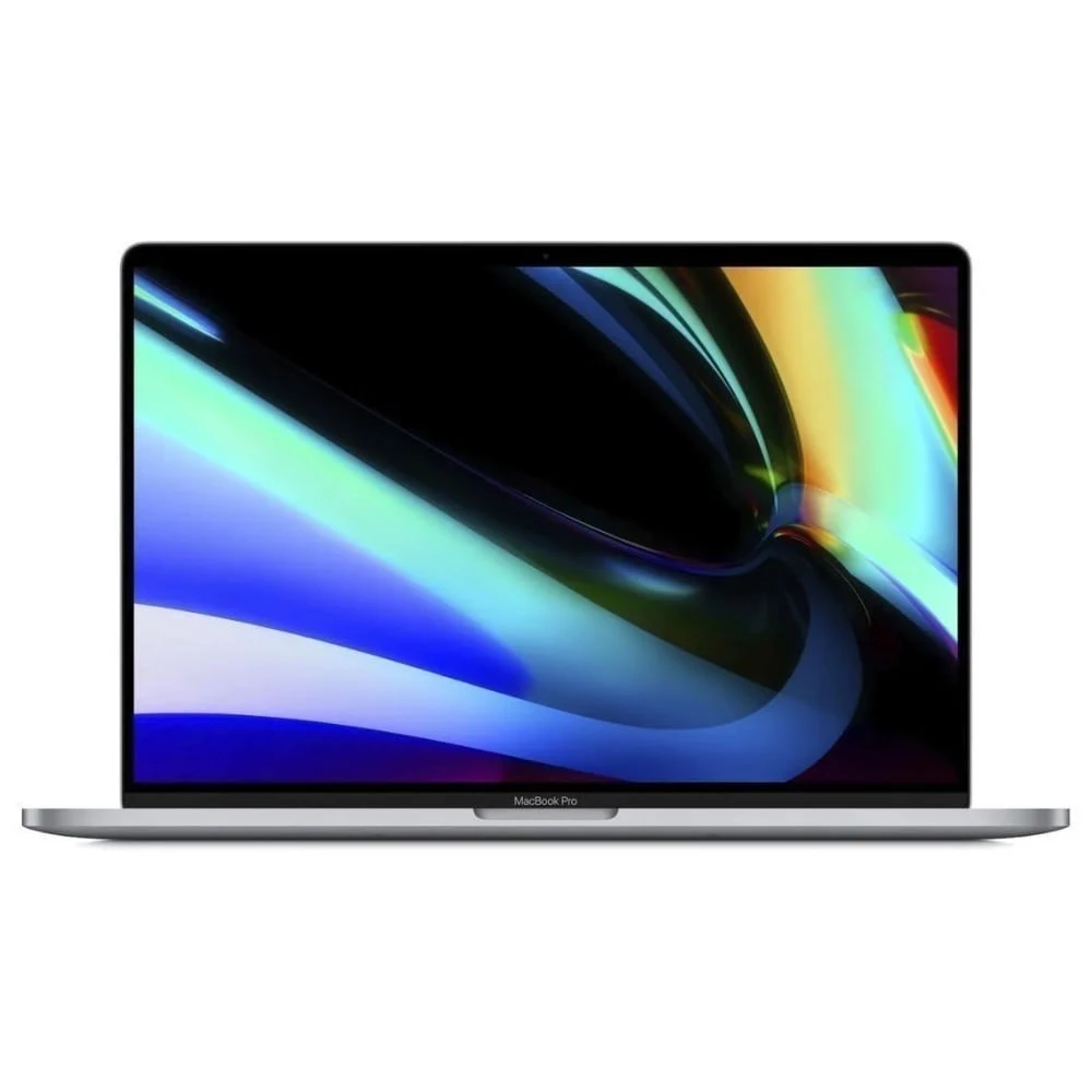 MacBook Pro com tela mostrando fundo abstrato de cores azul, verde e laranja em fundo claro, com design fino em perspectiva frontal.