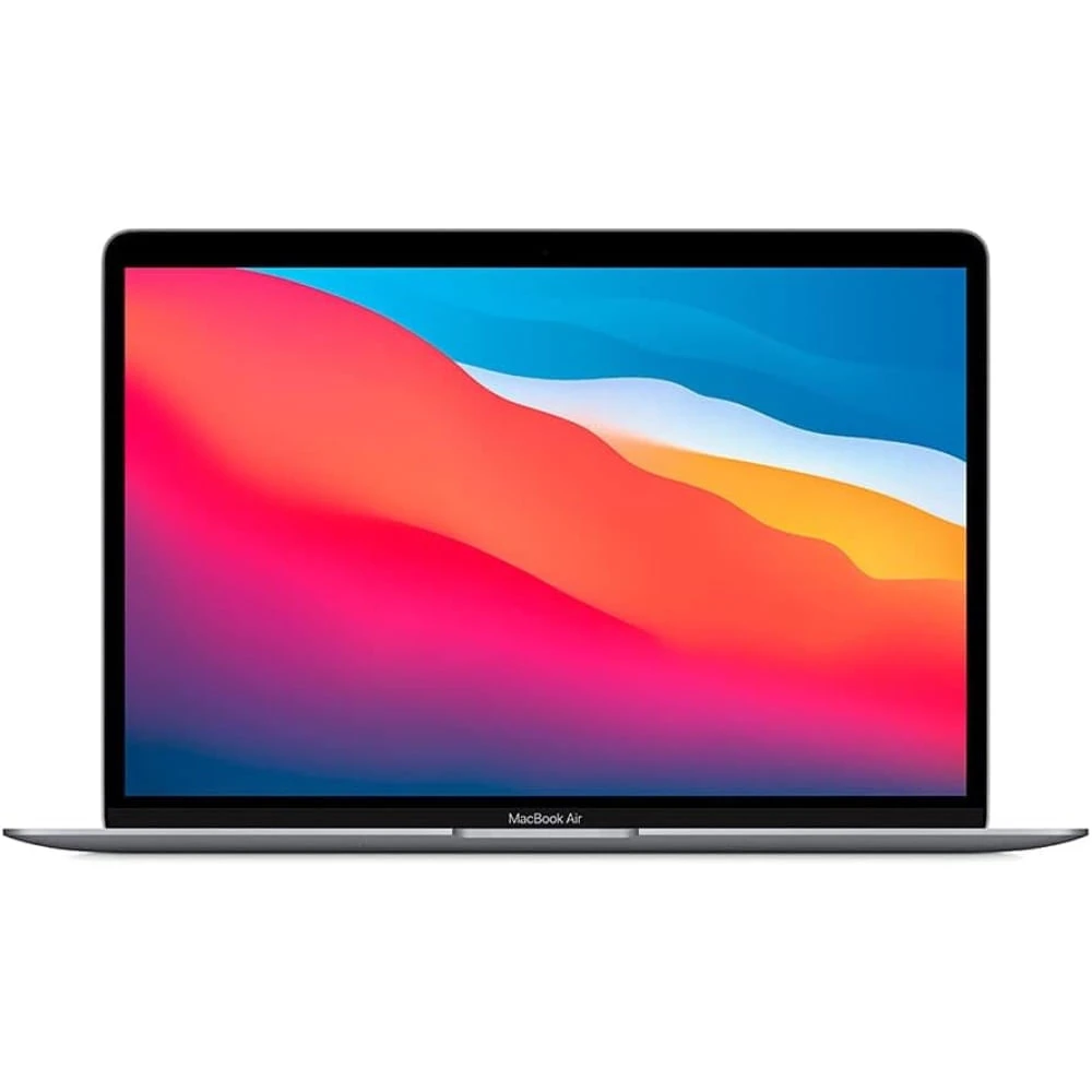 Notebook Apple MacBook Air com tela exibindo paisagem abstrata em tons de rosa, azul e laranja, em fundo branco