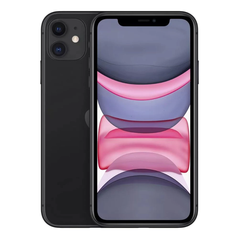 Imagem mostra um smartphone com design preto, frente com display e capa, exibindo uma interface abstrata rosa e azul em formato curvo, vista frontal e traseira.