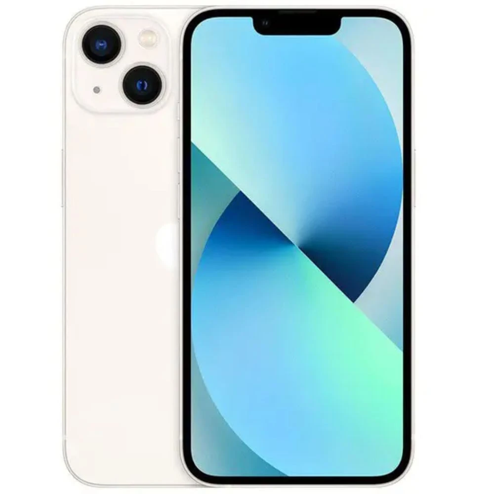 Smartphone com tela ligada exibindo padrão azul e verde e traseira branca com duas câmeras na parte superior, em fundo claro.