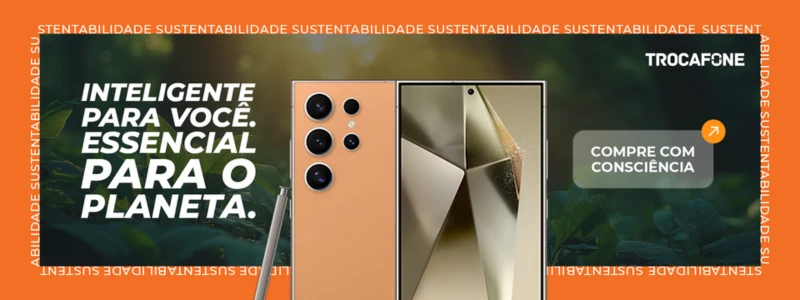 Campanha de sustentabilidade da TrocaFone com frase “Inteligente para você. Essencial para o planeta.” ao lado de aparelho de celular com design dourado e tela com formas geométricas.