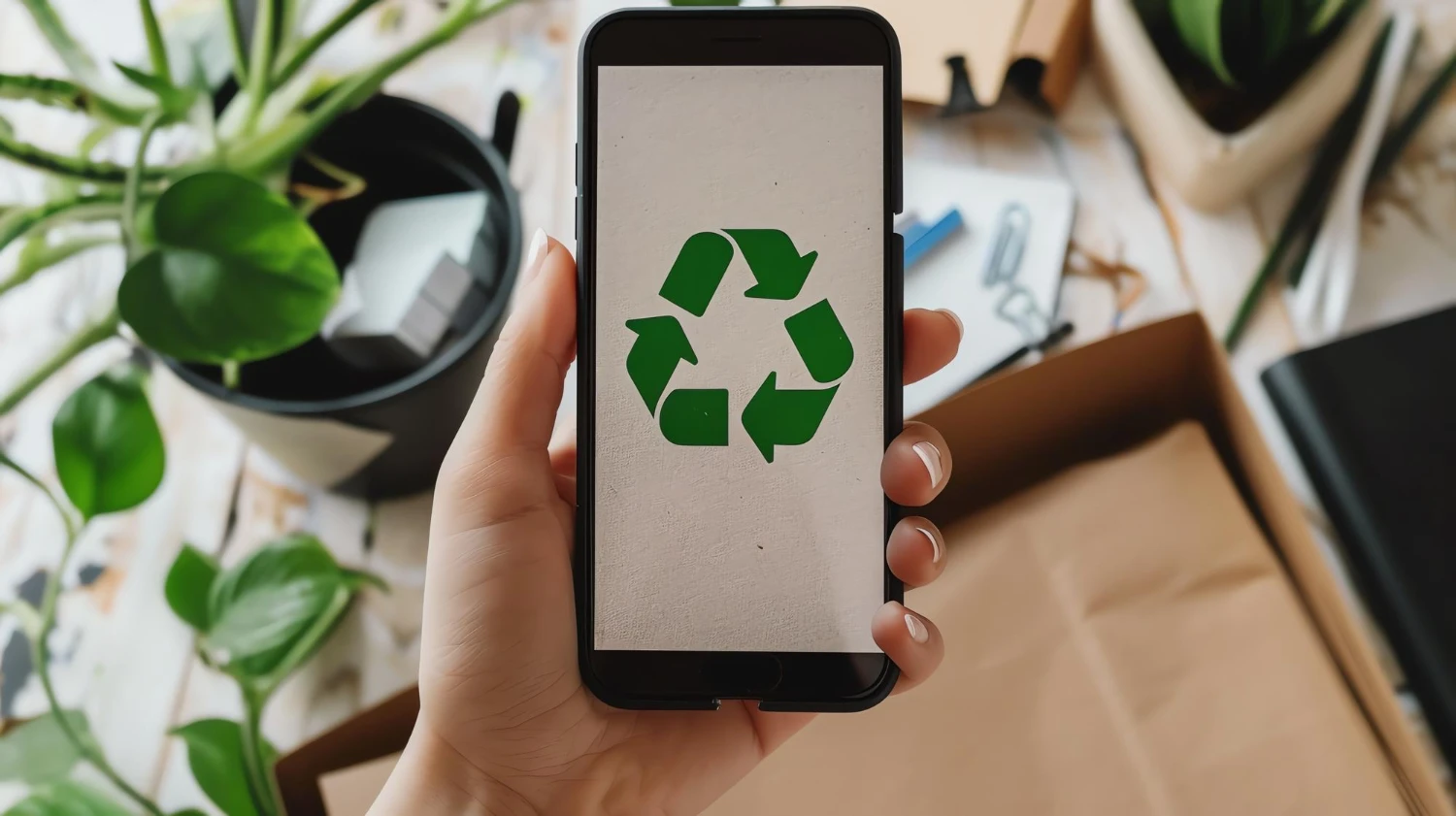 Mão segurando smartphone exibindo o símbolo de reciclagem, com caixas e objetos em casa ao fundo, reforçando a ideia de lixo eletrônico e descarte consciente.